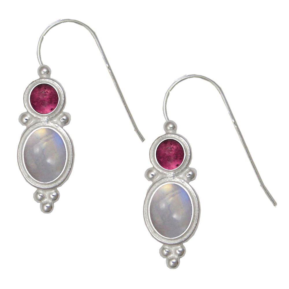 Sterling Silver Drop Dangle Earrings Rainbow Moonstone And Pink Tourmaline